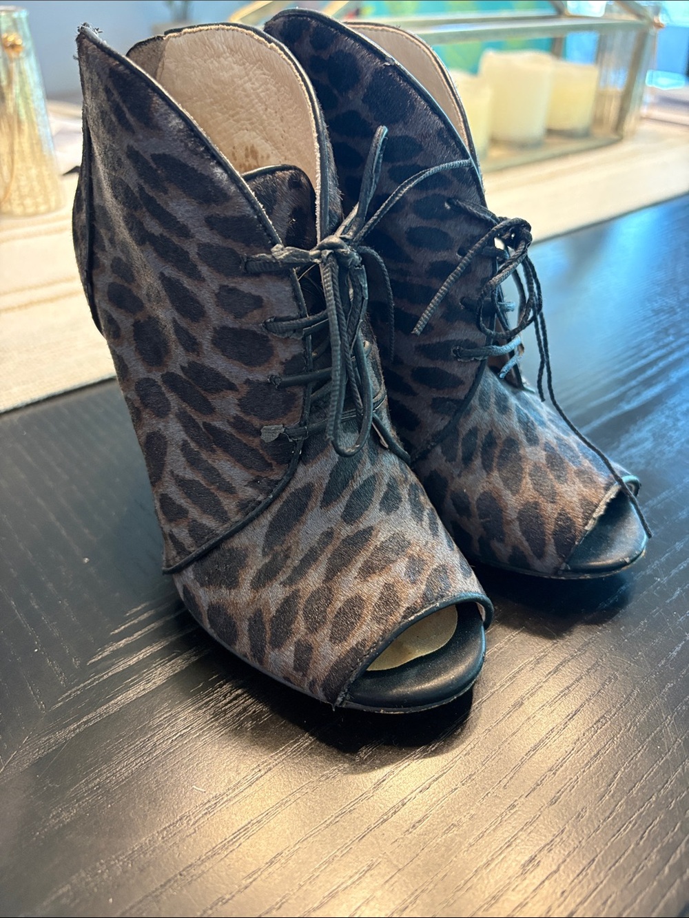 Louise et Cie Leopard-Print Open-Toe Lace-Up Booties - Brown/Black